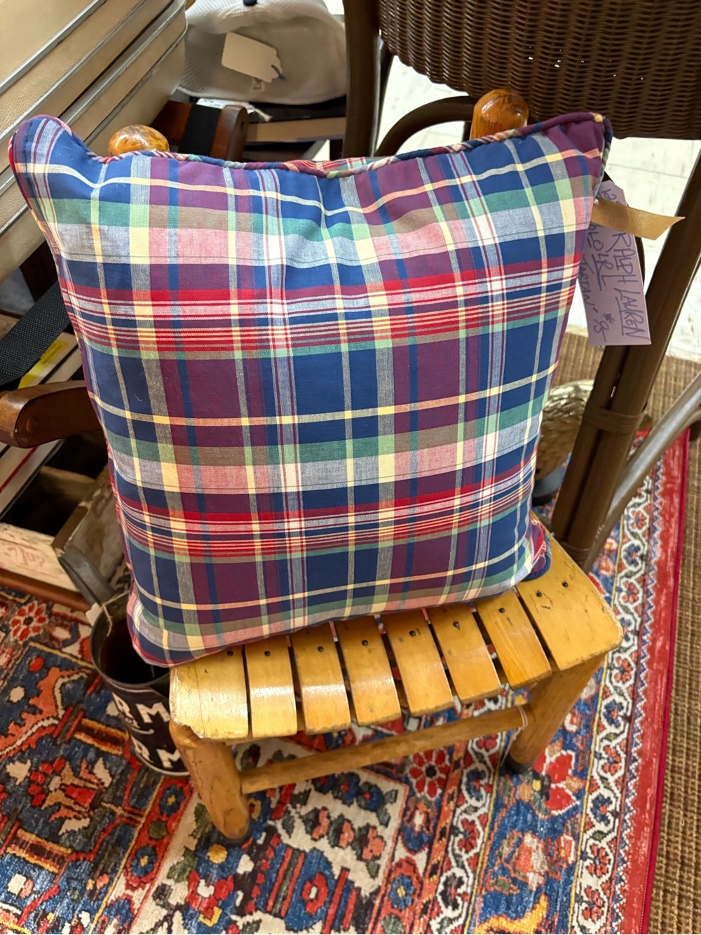 RALPH LAUREN Navy Blue and Red Plaid Accent Pillow